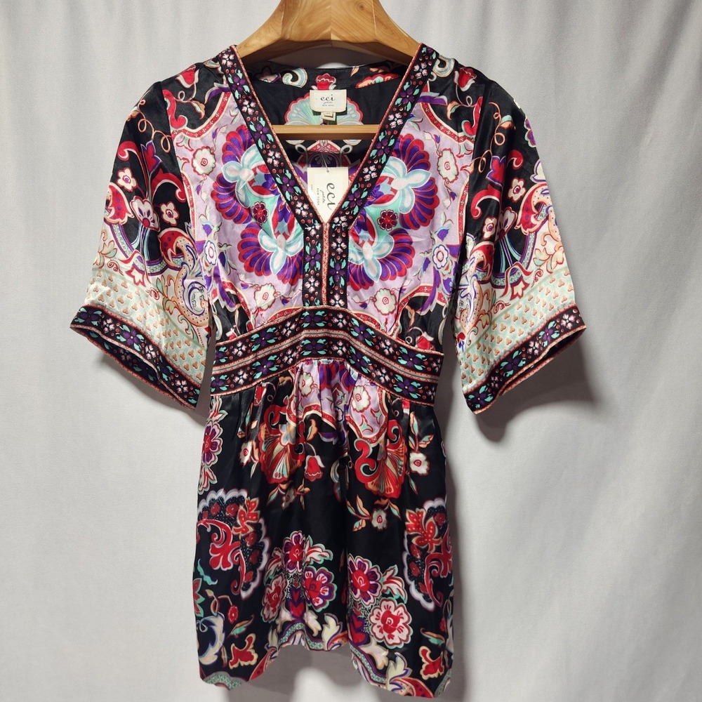 ECI Petite NY Paisley‎ Floral Satin Empire Waist Tie Back Blouse 12P side zip